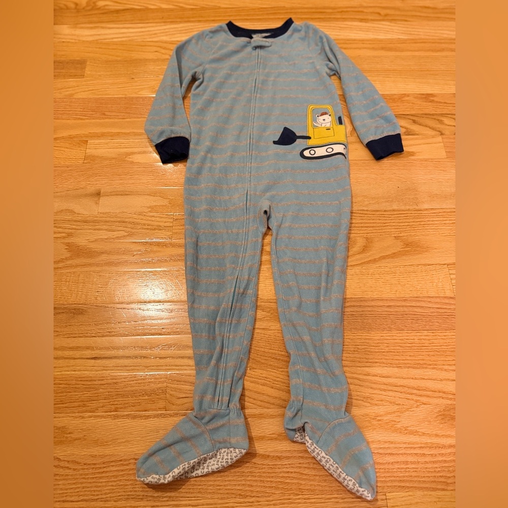Carter's Blue and Gray Striped Footie with Excavator